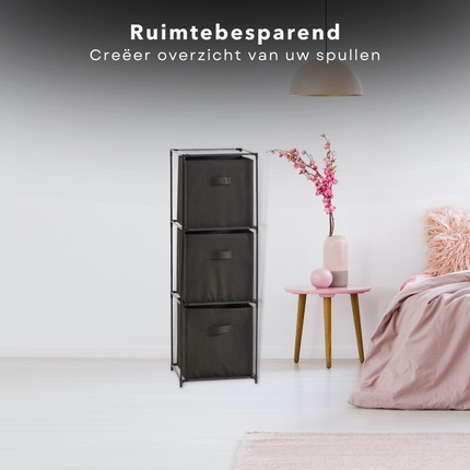 Cheqo® Opbergkast - Halkast - Ladekast met 3 Compartimenten - 35x35xH102cm - 30x30x30cm - Polyester - Metalen Frame - Kunststof Verbindingen - Gemakkelijk In Elkaar Te Zetten Ladekast