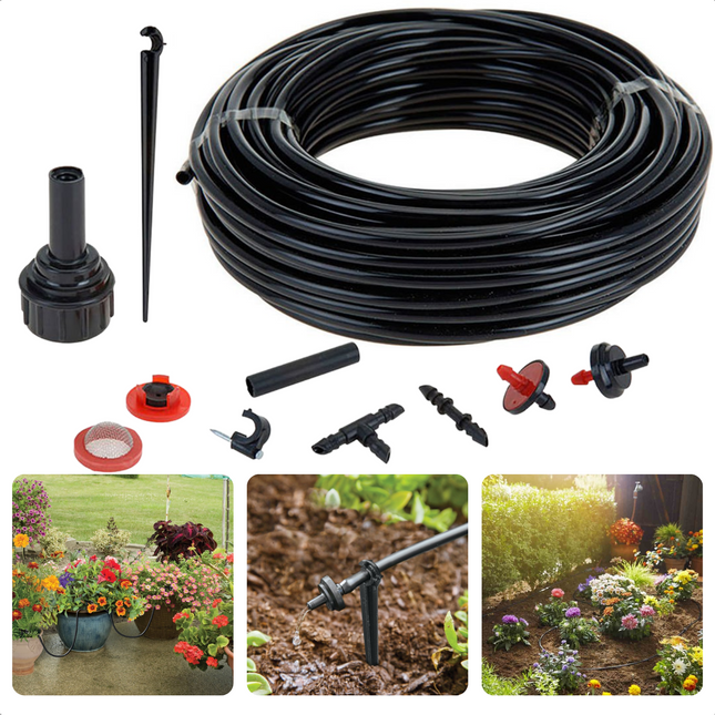 Cheqo® XXL Druppelsysteem - Bewateringssysteem - Druppelslang - Irrigatiesysteem - 23m Vinyl Slang - 5mm Diameter - 10x Eind- & Tussenbevochtigers - 15x Bevestigingspins - Muur & Tuin - Bloemen Water Geven Druppelsysteem