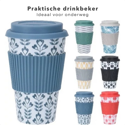 Cheqo® Bamboe Vezel Drinkbeker - 425ml - 125g - Herbruikbaar - TPR Sleeve - Siliconen Deksel - Geen Kleur of Print Kiezen - Koffiebeker - Duurzaam - Theebeker - Voor Onderweg - Vaatwasserbestendig - Compact formaat - Hittebestendig drinkbekers