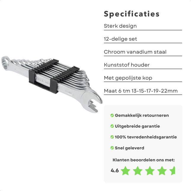 Cheqo® Professionele Steek-ringsleutelset (12 dlg) - Steeksleutelset - Ringsleutel Set - Chroom Vanadium Staal - 6-13-15-17-19-22mm - Met Houder Ringsteeksleutelset