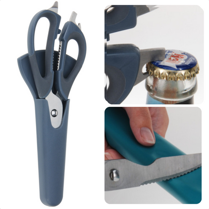 Cheqo® Multifunctionele Keukenschaar - Schaar met Flesopener - Schaar met Mes - Notenkraker - RVS - 22cm - 2,8mm - 145g - 80g - Voor Kip, Vis, Noten en Flessen Keukenschaar