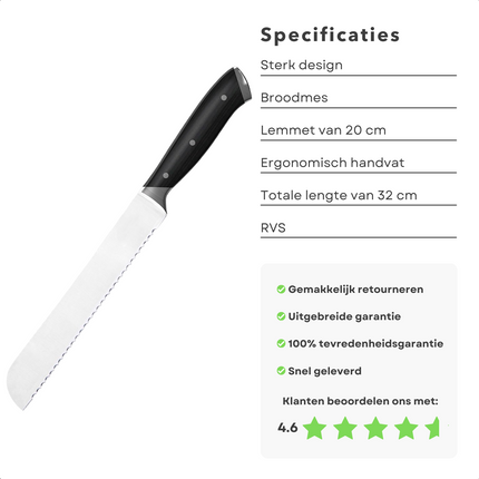 Cheqo® Broodmes - Kartelmes - 20cm - RVS - Bread Knife - Zagend Snijden - Kunststof Heft - Ergonomisch Gevormd - 32cm Broodmes