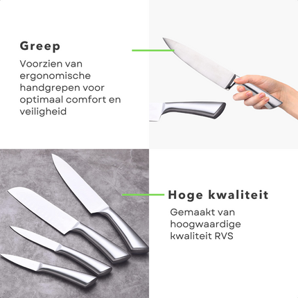 Cheqo® 5-delige Luxe Messenset - Houten Messenblok met RVS Bodem & Voorzijde - Chefmes 20cm, Snijmes 20cm, Broodmes 20cm, Universeelmes 12,5cm, Schilmes 9cm - Anti-slip - Messenset met Houten Blok Messenblokken met messen