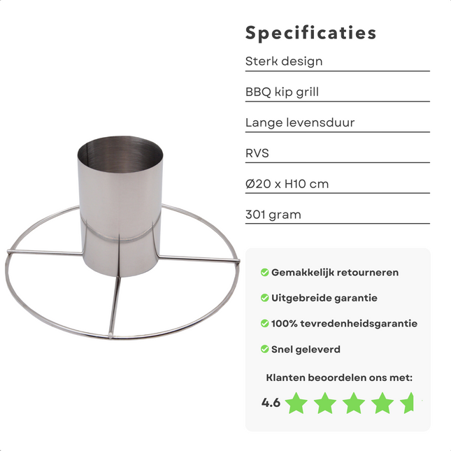 Cheqo® Kippengril - Kiphouder voor BBQ - Kippenhouder - Kip Grillen - Kiprooster - Kipstandaard - 10cm Hoogte - 20cm Diameter - RVS Materiaal Kiphouder