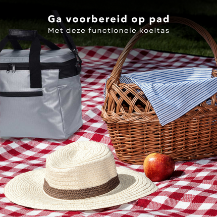 Cheqo® Koeltas 18 Liter - Grijs - 18L - Koelbox - Koelen - Koelelement - 18 cm - Voor op het Strand & Camping - Lunchtas - Geïsoleerd - Picknicktas - Verstelbare Schouderband - Stevige Rits - Draagbaar Koeltas