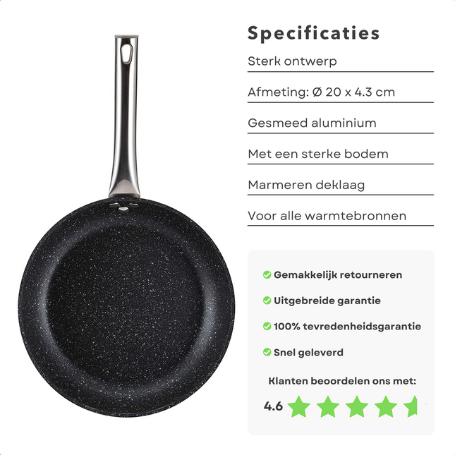 Cheqo® Koekenpan - Bakpan - Ø20 cm - Zilver - Harde Marmeren Deklaag - Gesmeed Aluminium - PFOA-Vrij - Lood-Vrij - Alle Warmtebronnen - Ook voor Inductie Koekenpan