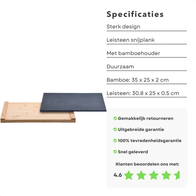 Cheqo® Snijplank van Leisteen met Bamboe Houder (35x25x2cm) - Makkelijk Schoon te Maken - Leisteen Serveerplank Serveerplanken