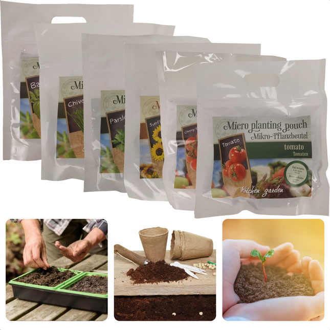 Cheqo® Micro Plantenzakjes - Set van 6 soorten - Zonnebloemen - Peterselie - Cherry Tomaten - Basilicum - Tomaten - Bieslook - 6x5cm - Compost & Zaadpakket - Zaden - Moestuin - Kweken - Kamerplanten - Groentezaden groentezaden