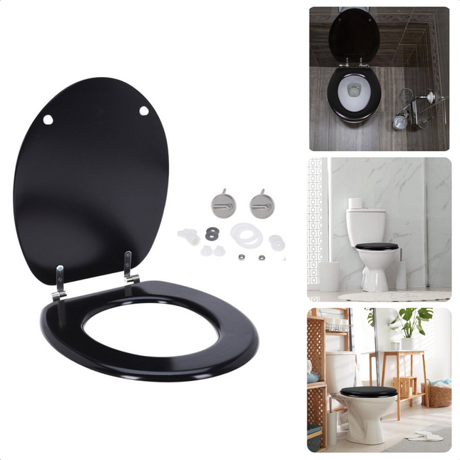 Cheqo® Toiletbril - WC Bril - Mdf-hout - Zwart - 42.5 x 37 cm - 18 inch - RVS Verbinding WC-brillen