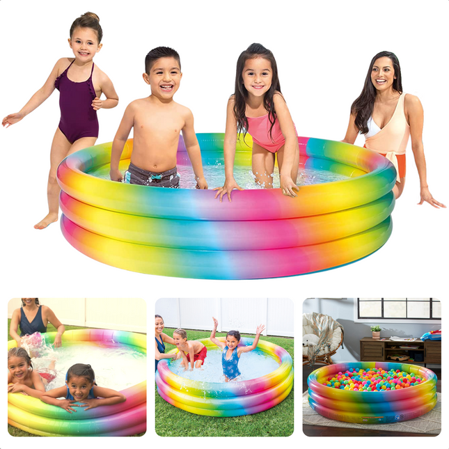 Cheqo® Zwembad Regenboog - Opblaaszwembad - Opblaasbaar Zwembad - Ballenbak - Kinderbad - Ø147cm - 3-rings - Hoogte 33cm - Watercapaciteit 330 liter - Regenboog Kleuren Opblaas Zwembad