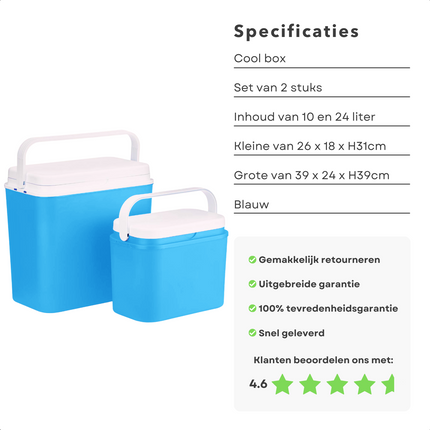 Cheqo® Koelbox Set - Koelboxen - 2 Stuks - 10L & 24L - 26x18x31cm & 39x24x39cm Koelbox