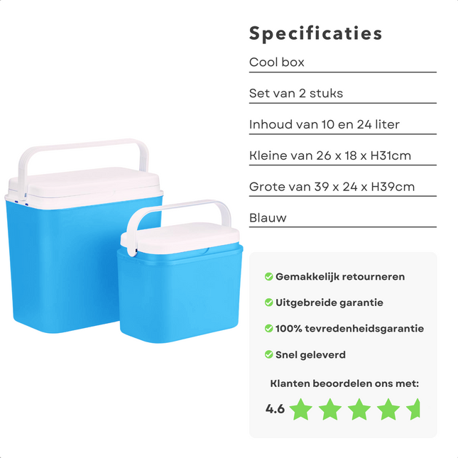 Cheqo® Koelbox Set - Koelboxen - 2 Stuks - 10L & 24L - 26x18x31cm & 39x24x39cm Koelbox