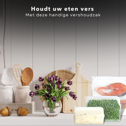 Cheqo® Siliconen Vershoudzak - Diepvrieszak - Boterhamzakje Herbruikbaar - 470ml - 100% Platinum Siliconen - Vaatwasserbestendig - Temperatuurbestendig - BPA-Vrij - 18.5x3.2x15cm - Oven, Magnetron, Vriezer - Ook voor Sieraden, Make-up Boterhamzakjes