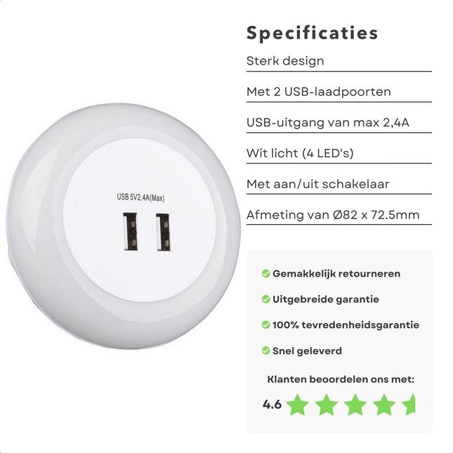 Cheqo® Automatische Nachtlamp met USB-Lader - Nachtlampje - Stekkerlamp - 4 LED's - Aan/Uit Knop Stekkerlamp