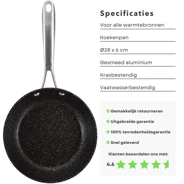 Cheqo® Koekenpan voor Inductie - 28 cm - Ultra Turbo Inductie - RVS Handgreep - Gesmeed Aluminium - Non-Stick Coating - Krasbestendig - Low Fat Cooking - PFOA-Vrij - Eterna+Ti Titanium Coating Koekenpan