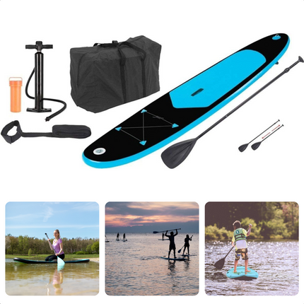 Cheqo® Complete SUP-Set - Opblaasbaar SUP Board - Stand Up Paddle Board - 285 cm - 1 Persoon - 100 kg Belasting - Anti-Slip Eva - Met Peddel, Sup-Leash, Net, Grote Handpomp, Reparatiekit, Rugtas - Dropstitch & Gelijmd PVC SUP Board