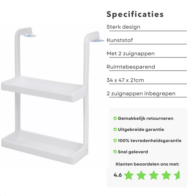 Cheqo® Ophangrek met Zuignappen - 40cm - Stijlvolle Opbergoplossing - Wandrek - Kruidenrek - Multifunctioneel Design - Sterke Zuignappen - Voor Badkamer, Keuken of Kantoor Wandrekken