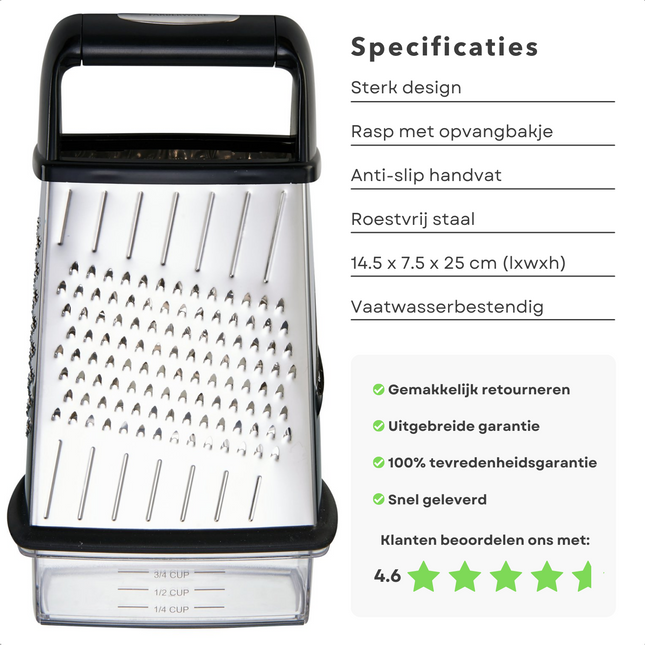 Cheqo® Staande Rasp met 4 Raspbladen - RVS - 14,5x7,5x25cm - Inclusief Raspblad voor Plakjes - Afsluitbare Opvangbak met Maataanduiding - Antislip Handvat - Vaatwasserbestendig Raspen