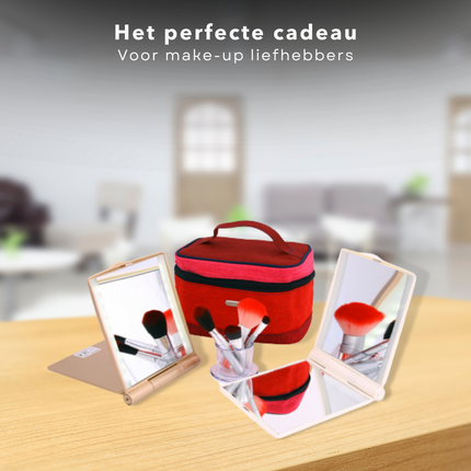 Cheqo® Make-Up Spiegel met LED Verlichting - Verlichte Spiegel met LED-backlight - 3x Vergroting - 15x13.5cm - Parelwit - Op Batterijen Make-up spiegels