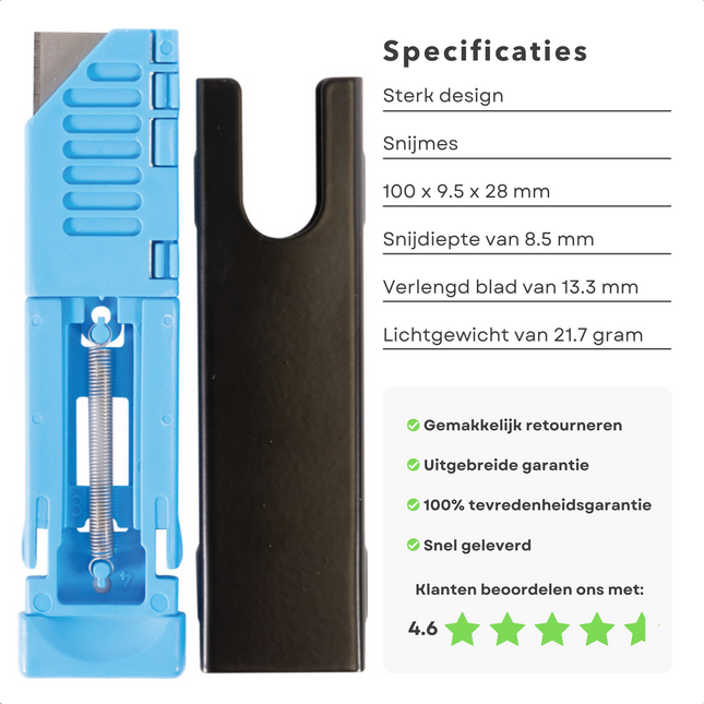 Cheqo® Handmes - Snijmes - 8,5 mm Snijdiepte - 13,3 mm Verlengde Meslengte - 21,7 gram Gewicht - Hoge Veiligheid - Ergonomische Grip - Viervoudig Snijvlak - Slijtvastheid - Links- en Rechtshandig - Vervangbaar Mesje Handmes