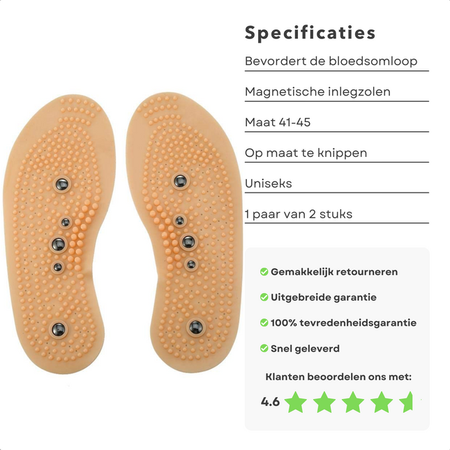 Cheqo® Magnetische Acupressuur Inlegzolen - Maat 41-45 - Massage & Bloedsomloop - Voorkom Stress & Vermoeidheid - Geschikt voor Volwassenen - Eenvoudig Op Maat Knippen - 1 Paar van 2 Stuks Inlegzolen