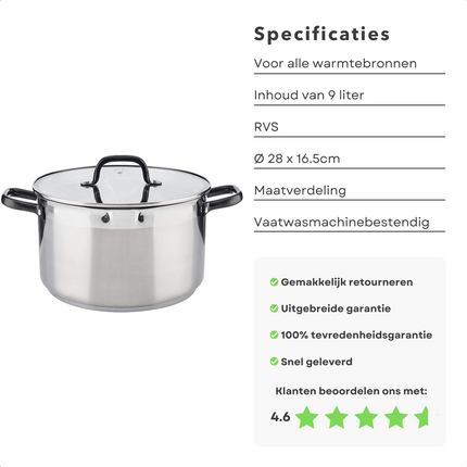 Cheqo® RVS Kookpan - Soeppan - 9L - Ø 28x16,5cm - Ultra-Inductie 5mm - 18/10 RVS - 2x Uitloop - Maatverdeling - Vaatwasmachinebestendig - Alle Warmtebronnen - Ook voor Inductie Kookpan