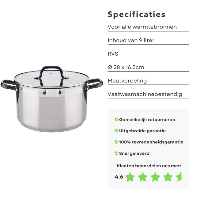 Cheqo® RVS Kookpan - Soeppan - 9L - Ø 28x16,5cm - Ultra-Inductie 5mm - 18/10 RVS - 2x Uitloop - Maatverdeling - Vaatwasmachinebestendig - Alle Warmtebronnen - Ook voor Inductie Kookpan