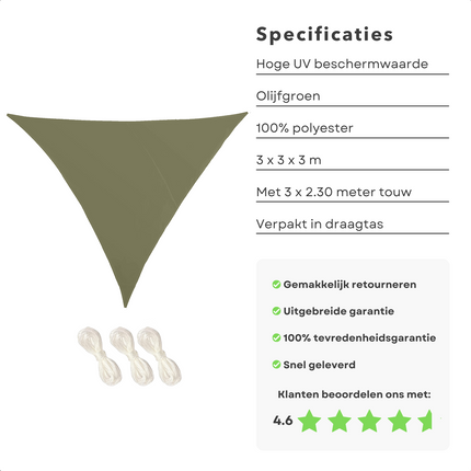 Cheqo® Schaduwdoek Driehoek - Olijfgroen - Waterafstotend Polyester 100% - Compleet met Touw - Verpakt in Afsluitbare Draagzak - 3x3x3m Schaduwdoek