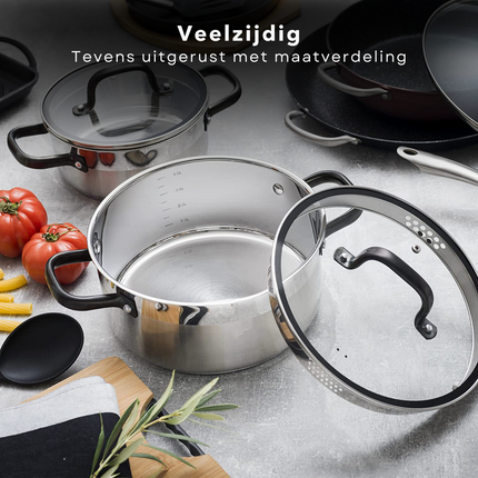 Cheqo® RVS Kookpan - Soeppan - 9L - Ø 28x16,5cm - Ultra-Inductie 5mm - 18/10 RVS - 2x Uitloop - Maatverdeling - Vaatwasmachinebestendig - Alle Warmtebronnen - Ook voor Inductie Kookpan