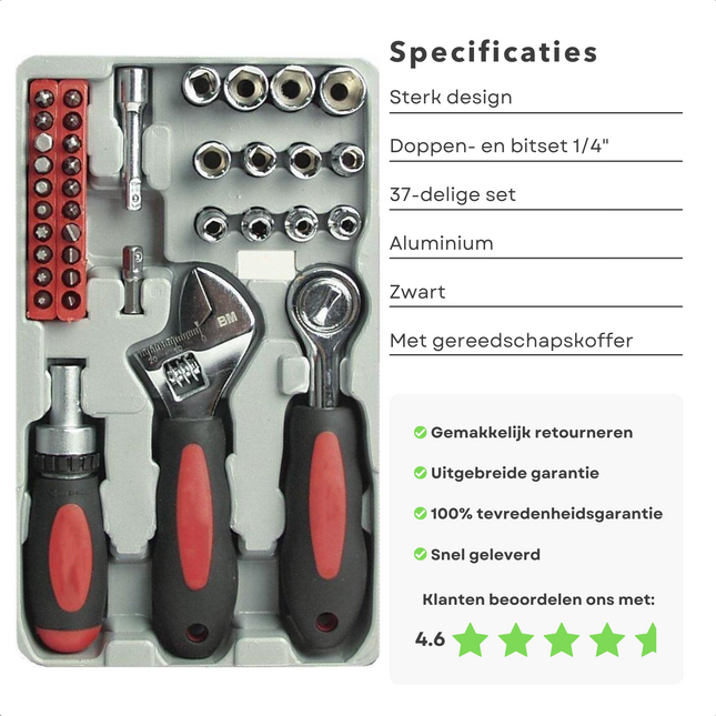 Cheqo® 1/4" Doppen- en Bitset - Doppenset - Bitsleutelset In Doos - Omschakelbare Ratel - Verlenging - 20 Bits - Verstelbare Moersleutel - Gereedschapset - Handgereedschap - In Cassette - Staal en Kunststof - Fietsgereedschapset - Verloopstuk Momentsleutels