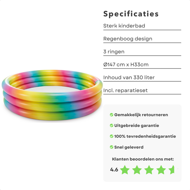 Cheqo® Zwembad Regenboog - Opblaaszwembad - Opblaasbaar Zwembad - Ballenbak - Kinderbad - Ø147cm - 3-rings - Hoogte 33cm - Watercapaciteit 330 liter - Regenboog Kleuren Opblaas Zwembad