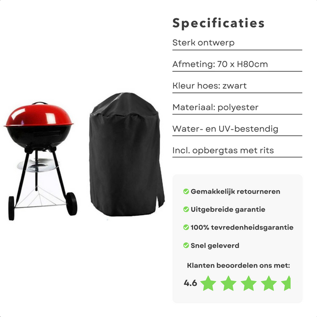 Cheqo® Afdekhoes voor Kogelbarbecue - Barbecuehoes Rond - BBQ Hoes - 70 x 80cm - Zwart - Polyester - Incl. Opbergzak met Rits - Geschikt voor Ronde BBQ of Bolvormige BBQ Barbecuehoezen