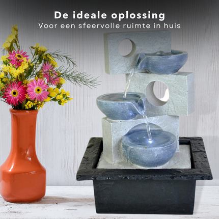 Cheqo® Waterfontein Binnen met LED - Fontein voor Binnen - Waterval - Modern - Polystone/Polyresin - LED (wit) - 30cm - Ornament voor Binnen (IP20) - 150cm Kabel Fonteinen