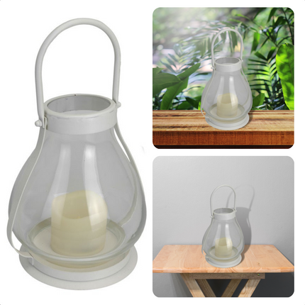 Cheqo® Lantaarn met LED-kaars - Tafel Lantaarn - Tafellamp - Glazen lantaarn met metalen frame - Aan/Uit schakelaar - 22/34cm hoog - 18cm diameter glas - Op Batterijen Lantaarn