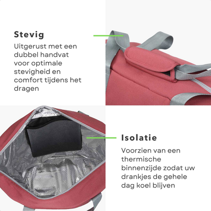 Cheqo® Geïsoleerde Koeltas - 22,3 liter - Roze - Isolerend - Thermische Binnenkant - Dubbel Handvat - Rits - 18,5 x 18 cm - Verstevigde Bodem - Voor Picknick & Boodschappen Koeltas
