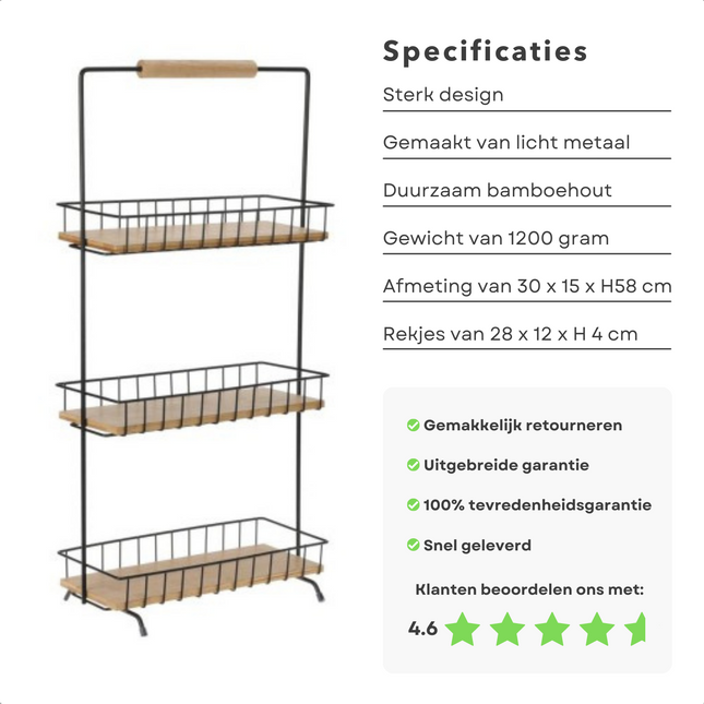 Cheqo® Keukenrek - 3 Schappen - 58 cm hoog - Metaal & Bamboe - 1200 g - 30x15x58 cm - 28x12x4 cm - Keukenkast Organizer - Aanrecht Organiser -  Opbergrek - Badkamer Organiser keukenkastorganizers