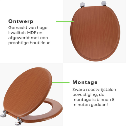 Cheqo® Toiletbril MDF - WC Bril  - Hout - 42.5x37cm - 18" - Houtkleur - RVS Verbinding WC-brillen