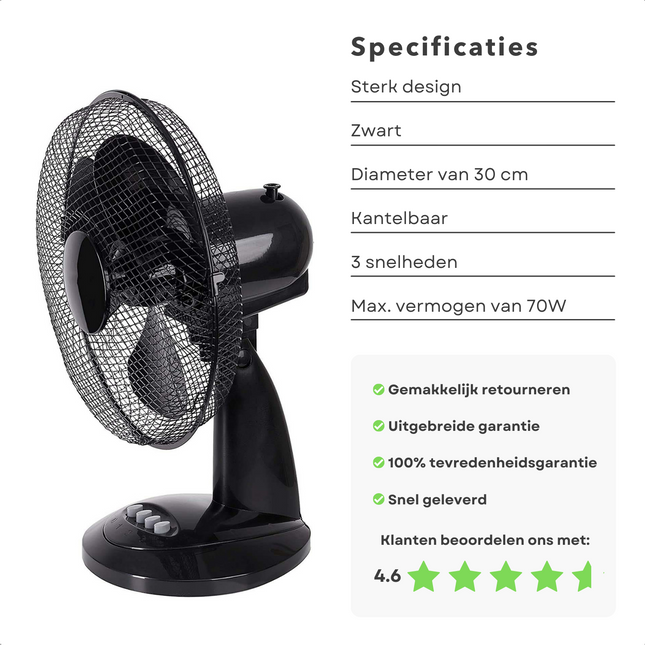 Cheqo® Krachtige Tafelventilator - Ventilator - Fan - 23cm - 2 Snelheidsinstellingen - 14m3/min Luchtstroom - 45W Max. Vermogen - 56dB Geluidsniveau - Zwart Ventilator