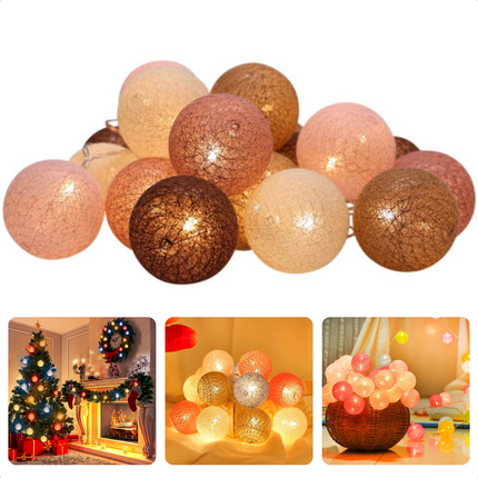 Cheqo® Decoratieslinger Verlicht - 20 LED Lampionnen Katoen - Timer - 6u Aan/18u Uit - Lengte Van 3 Meter - ø6cm Diameter - Voor Binnen En Buiten - Lichtsnoer - Tuinverlichting -  Feestverlichting - 20-delige set - Sfeerverlichting Lichtsnoer