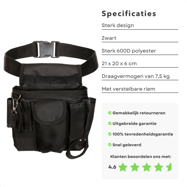 Cheqo® Gereedschapsgordel met Telefoonhouder - Gereedschapsriem - 600D Polyester - 21x20x6cm - Verstelbare Riem - Klittenband - Hamerhouder Gereedschapsgordels