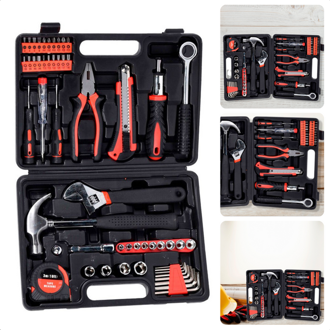 Cheqo® 53-delige Gereedschapset - Gereedschap Set - Klauwhamer, Afbreekmes, Spanningszoeker, Combinatietang, Ratel, Bits, Rolbandmaat, Doppen, Stiftsleutel - 30 x 22 x 7 cm Gereedschapskoffer Gereedschapsset