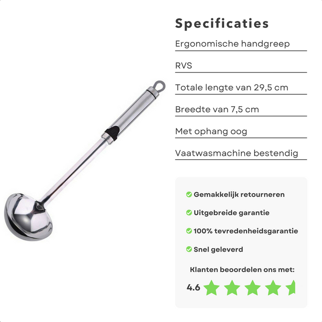 Cheqo® Sauslepel - RVS - Vaatwasmachinebestendig - Soeplepel - 29.5 cm - Met Ophangoo - Juslepel Sauslepel