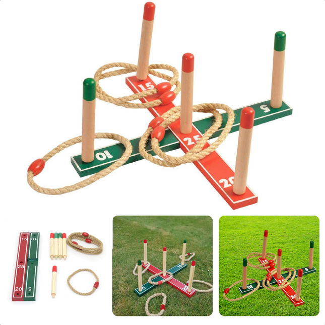 Cheqo® Houten Ringwerpspel - Touwringen - Werpspel - Buitenspel - Ringen Gooien - Ringen Werpen - 12-delig Vang- & Werpspellen
