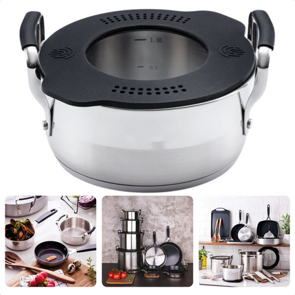 Cheqo® Kookpan met Siliconen Deksel - Ø 16 x H 7,5 cm - 1,5 liter - Dubbel afgietsysteem - Voor Alle Warmtebronnen - Inductie - Stay Cool Handvatten - Gelijkmatige Warmteverdeling - RVS - Lange Levensduur - Vaatwasserbestendig Kookpannen
