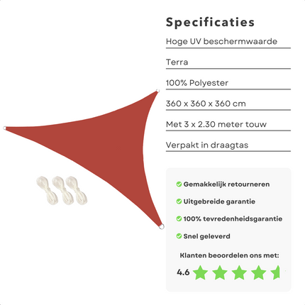 Cheqo® Schaduwdoek Driehoek - Terra Rood - Waterafstotend Polyester 100% - Compleet met Touw - Verpakt in Afsluitbare Draagzak - 360x360x360cm Schaduwdoek