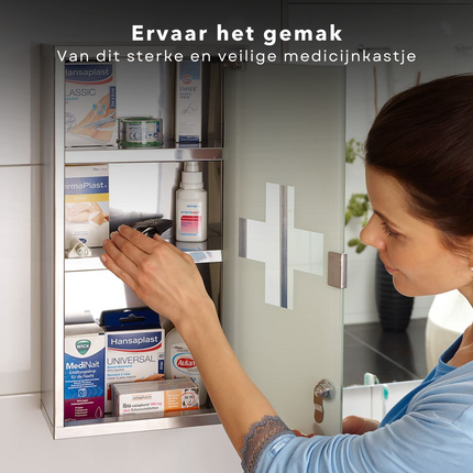 Cheqo® RVS Medicijnkastje met Slot - Afsluitbaar Kastje - Medicijnkast - Hangkast - Badkamerkast - 25x12x48cm Medicijnkastje