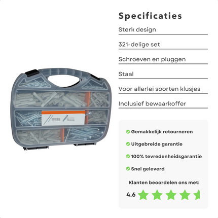 Cheqo® XXL 321-delige Schroeven- en Pluggenset in Koffer - Pluggen Set - Schroeven Set in Gereedschapskoffer Pluggenset