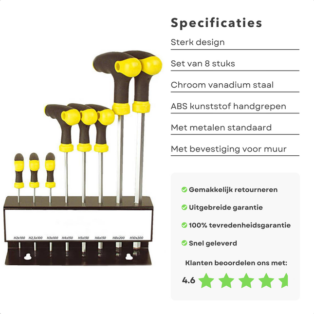 Cheqo® Kogelkop Inbus T-Grepen 8-delig met Houder - Mat Verchroomd Vanadium Staal - Extra Geharde Magnetische Kogelkop - 8-delige Set - T-Greep - Inbussleutel - Inbusset - Handgereedschap - Gereedschapset - Inbussleutelset - Sleutelgereedschap Inbussleutelset