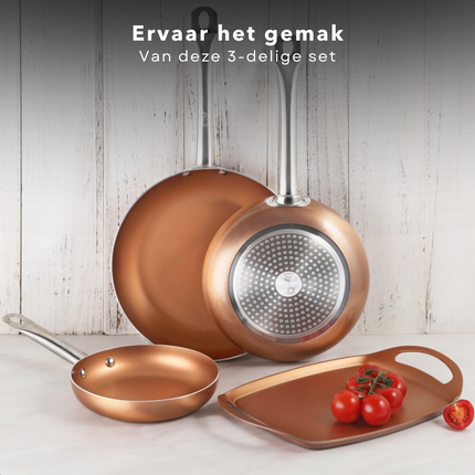 Cheqo® Koekenpannenset - Koekenpan Set - 20, 24 en 28cm - Pannenset - Bakpannen - Voor Alle Warmtebronnen - Ook voor Inductie - 3 delig Koekenpan