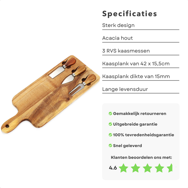 Cheqo® Kaasplank met Messen - Serveerplank - Kaasplankje - Borrelplank - Acacia Hout - 42x15.5cm - 15mm Dik - Met 3 RVS Kaasmessen Kaasplank